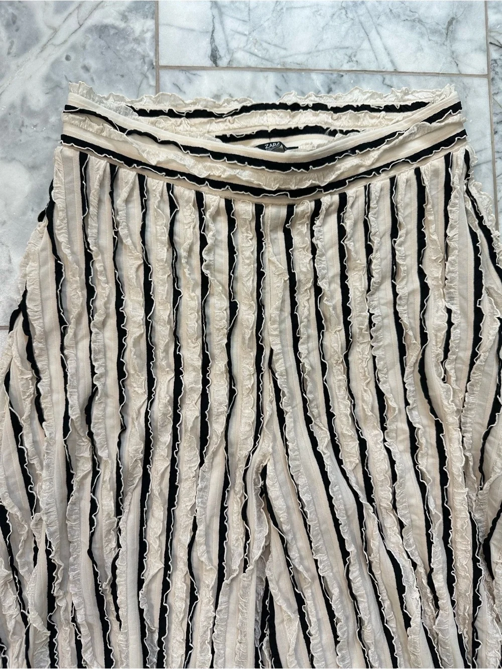 ZARA Cream Black Stripe Ruffle Knit Wide Leg Pants